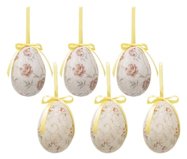 6ks dekorácia béžové závesné vajíčko s kvetmi Spring Egg - Ø 7*10 cm - Clayre & Eef