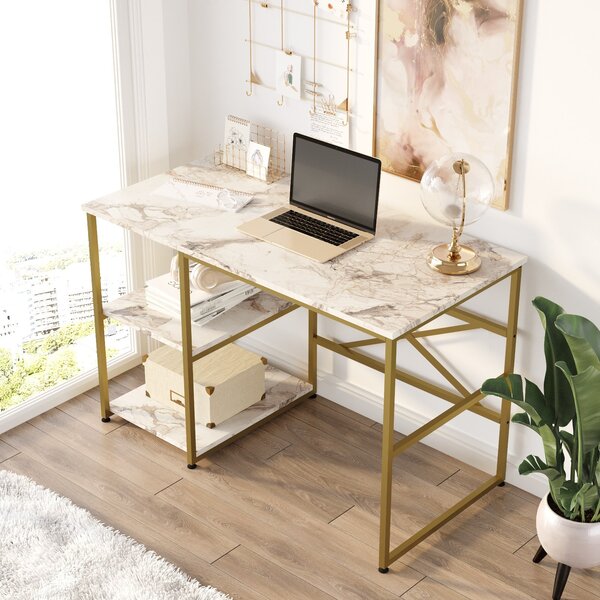 Kalune Design Písací stôl BODLE biely mramor/zlatý