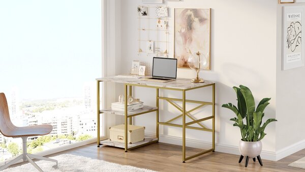 Kalune Design Písací stôl BODLE biely mramor/zlatý