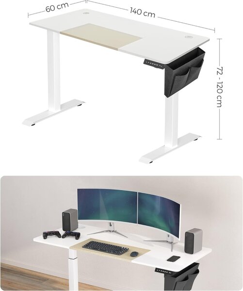 SONGMICS Písací stôl Paradis 140 cm výškovo nastaviteľný biely