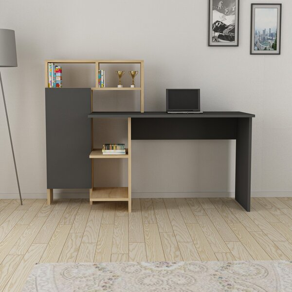 Kalune Design Písací stôl s regálom Bugra antracit/dub prírodný