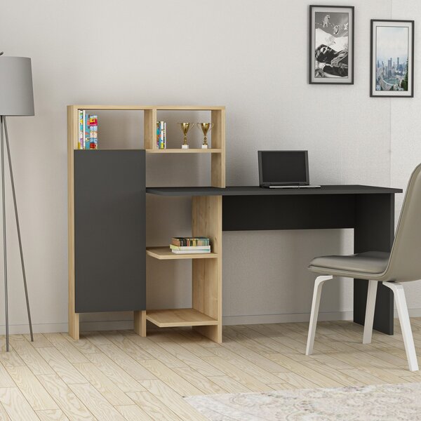 Kalune Design Písací stôl s regálom Bugra antracit/dub prírodný
