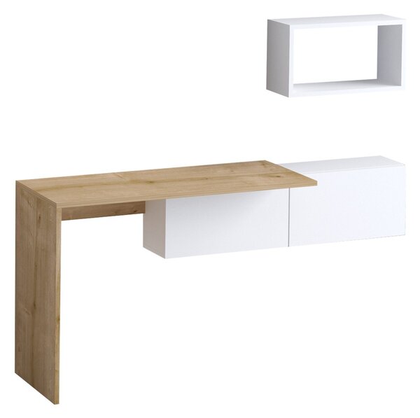 Kalune Design Písací stôl Tiff s policou a skriňkou dub prírodný/biely