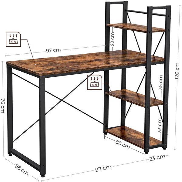 SONGMICS Písací stôl Vasagle Troy 120 cm s policami hnedý/čierny
