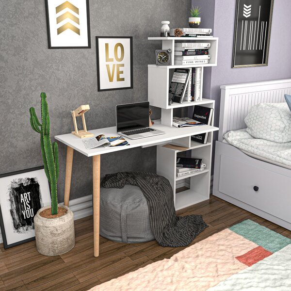 Kalune Design Písací stôl VINA s vstavanou knižnicou biely