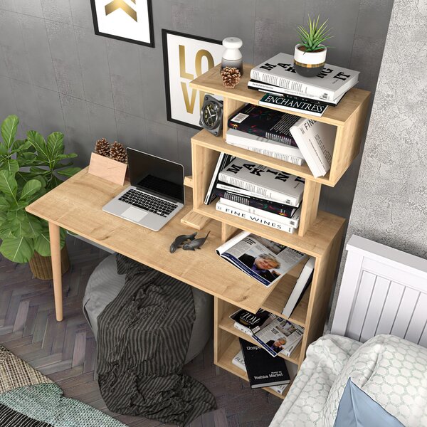 Kalune Design Písací stôl VINA s vstavanou knižnicou dub prírodný