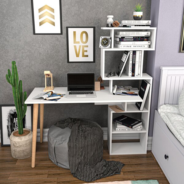 Kalune Design Písací stôl VINA s vstavanou knižnicou biely