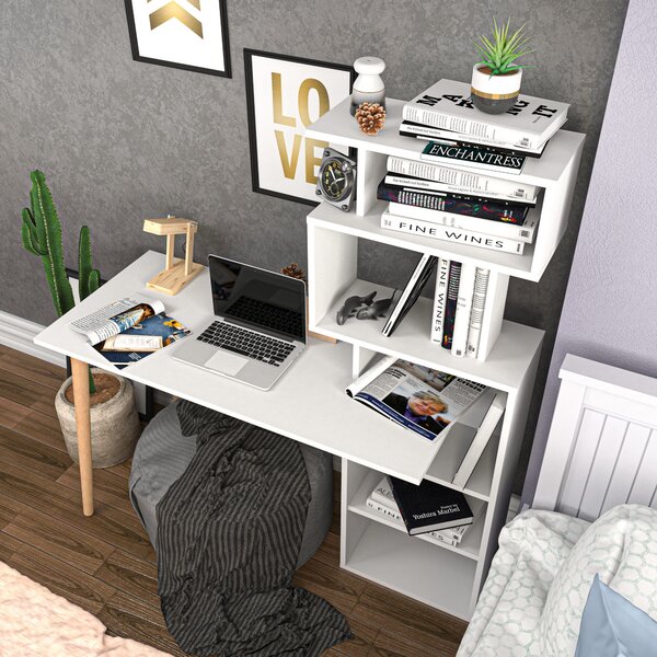 Kalune Design Písací stôl VINA s vstavanou knižnicou biely