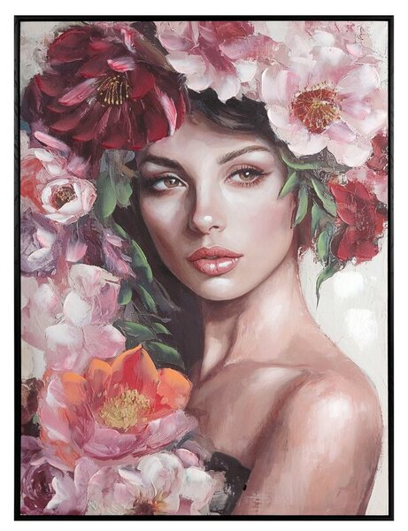 Dekorstudio Ručne maľovaný obraz na plátne s motívom ženy s kvetmi III, 70x100cm, krémový