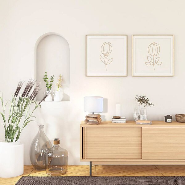 COREP Stolová lampa Oslo, biela/svetlé drevo, výška 30 cm, ľan/drevo, Biela / opálová, Obývacia izba / jedáleň, Drevo, Škandinávsky, Stojacie svietidlo