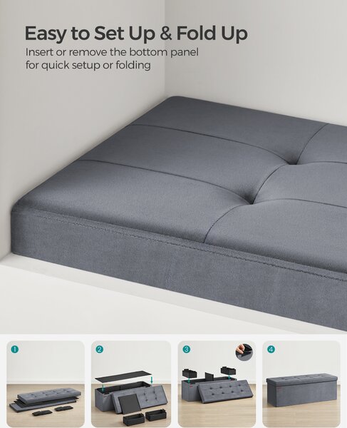 SONGMICS Skladací úložný lavica s úložným priestorom, nosnosť 300 kg, 110 x 38 x 38 cm, sivá