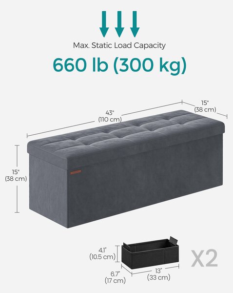SONGMICS Skladací úložný lavica s úložným priestorom, nosnosť 300 kg, 110 x 38 x 38 cm, sivá