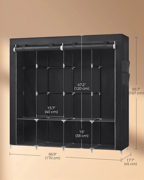 SONGMICS Šatníková skriňa z látky so 4 priehradkami 170 x 167 x 45 cm, čierna
