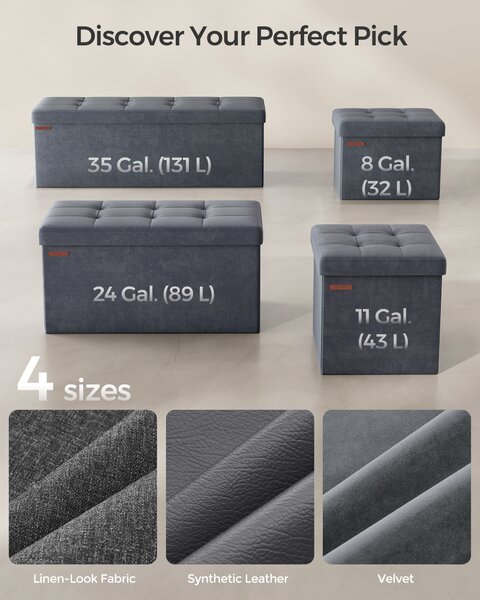 SONGMICS Skladací úložný lavica s úložným priestorom, nosnosť 300 kg, 110 x 38 x 38 cm, sivá