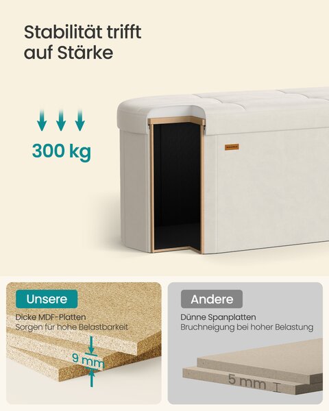 SONGMICS Skladací taburet s úložným priestorom, objem 110 l, 110 x 38 x 38 cm, krémová