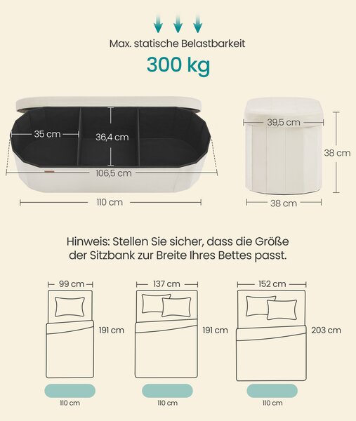 SONGMICS Skladací taburet s úložným priestorom, objem 110 l, 110 x 38 x 38 cm, krémová