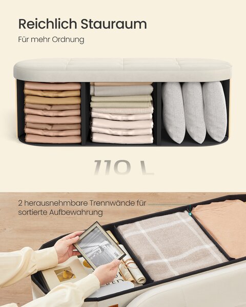SONGMICS Skladací taburet s úložným priestorom, objem 110 l, 110 x 38 x 38 cm, krémová