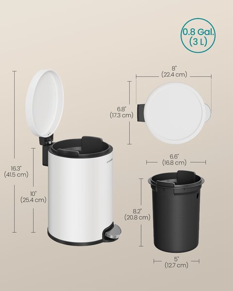 SONGMICS Pedálový odpadkový kôš do kúpeľne, objem 3 l, s tichým zatváraním, vnútorný kôš, biela