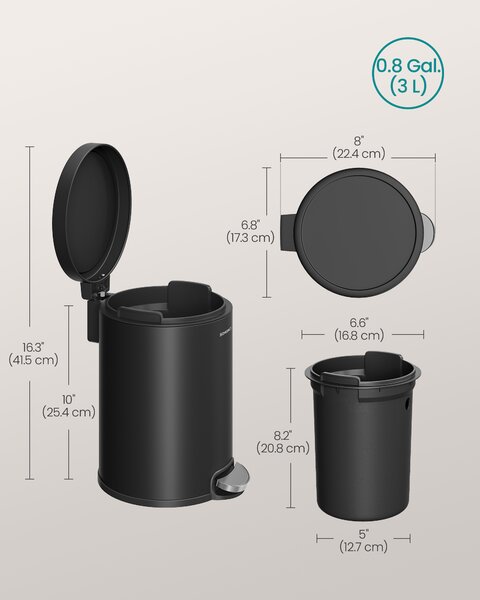 SONGMICS Pedálový odpadkový kôš do kúpeľne, objem 3 l, s tichým zatváraním, vnútorný kôš, čierna