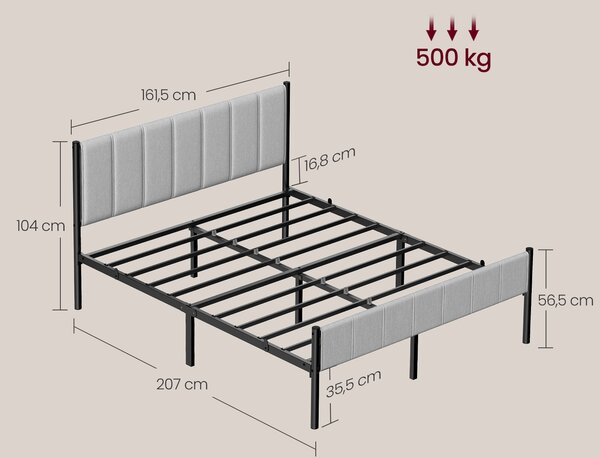 VASAGLE Rám postele pre manželskú posteľ s čalúneným čelom, oceľové lamely, nosnosť 500 kg, 160 x 200 cm, sivá, čierna