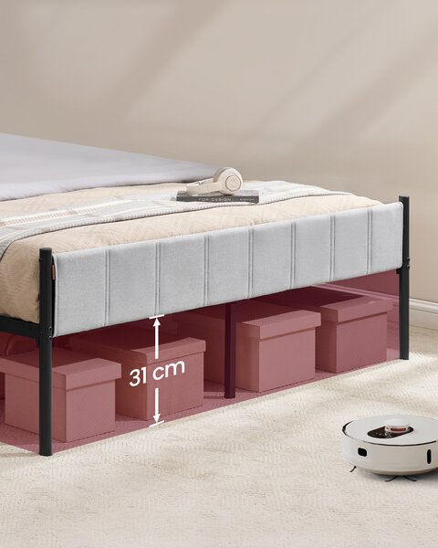 VASAGLE Rám postele pre manželskú posteľ s čalúneným čelom, oceľové lamely, nosnosť 500 kg, 160 x 200 cm, sivá, čierna