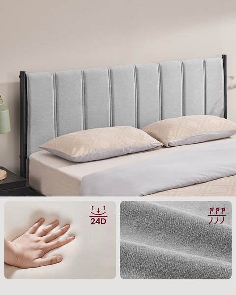 VASAGLE Rám postele pre manželskú posteľ s čalúneným čelom, oceľové lamely, nosnosť 500 kg, 160 x 200 cm, sivá, čierna