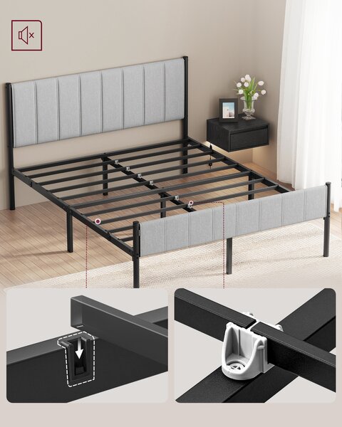 VASAGLE Rám postele pre manželskú posteľ s čalúneným čelom, oceľové lamely, nosnosť 500 kg, 160 x 200 cm, sivá, čierna