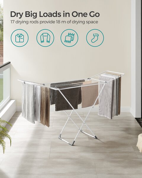 SONGMICS Skladací sušiak na bielizeň s krídlami 182 x 103 x 50 cm biely