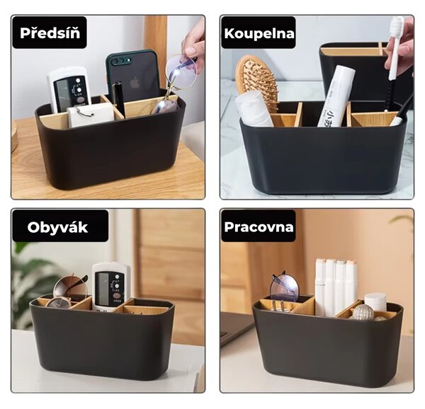 Arte Regal Organizér s bambusovými priehradkami, stojan na kefky, čierny OVEL