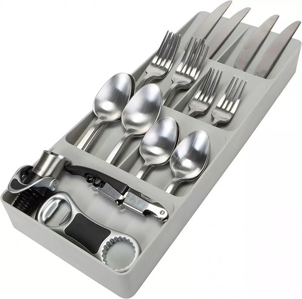 Organizér do úzkej zásuvky na príbory, príborník so 7 priehradkami, plastový, sivý - 40 x 16 cm