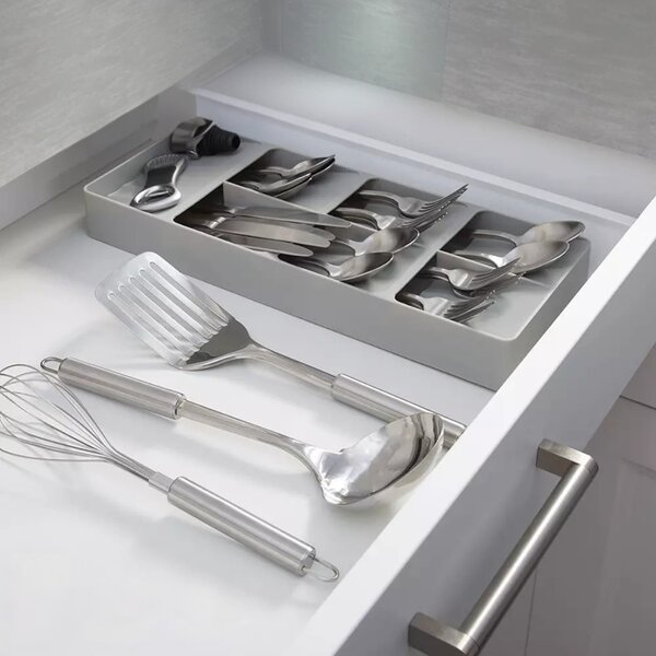 Organizér do úzkej zásuvky na príbory, príborník so 7 priehradkami, plastový, sivý - 40 x 16 cm