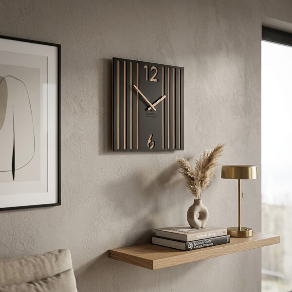 Dekorstudio Závesné nástenné hodiny LAMELE 50x50 cm – čierne s dubovým drevom