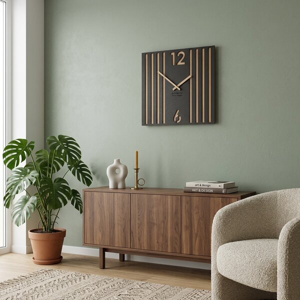Dekorstudio Závesné nástenné hodiny LAMELE 50x50 cm – čierne s dubovým drevom