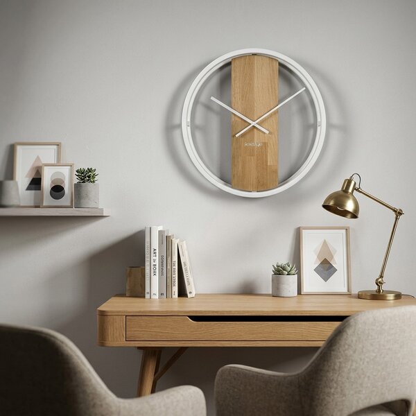 Dekorstudio Okrúhle nástenné hodiny LOFT OVAL s dubovým drevom 50 cm – biele