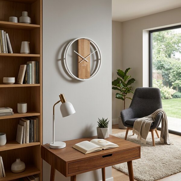 Dekorstudio Okrúhle nástenné hodiny LOFT OVAL s dubovým drevom 50 cm – biele