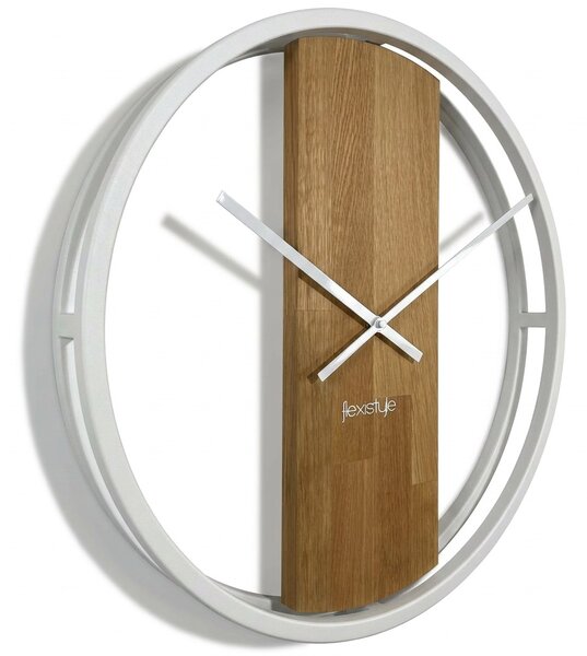 Dekorstudio Okrúhle nástenné hodiny LOFT OVAL s dubovým drevom 50 cm – biele