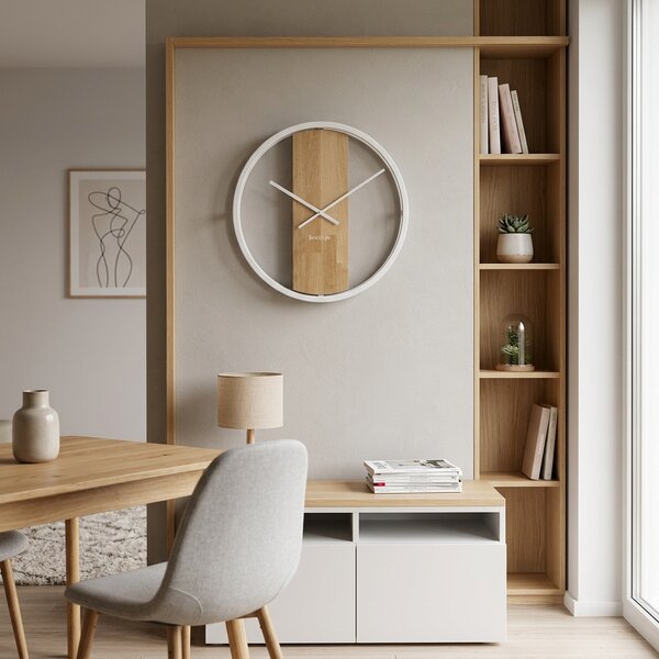 Dekorstudio Okrúhle nástenné hodiny LOFT OVAL s dubovým drevom 50 cm – biele
