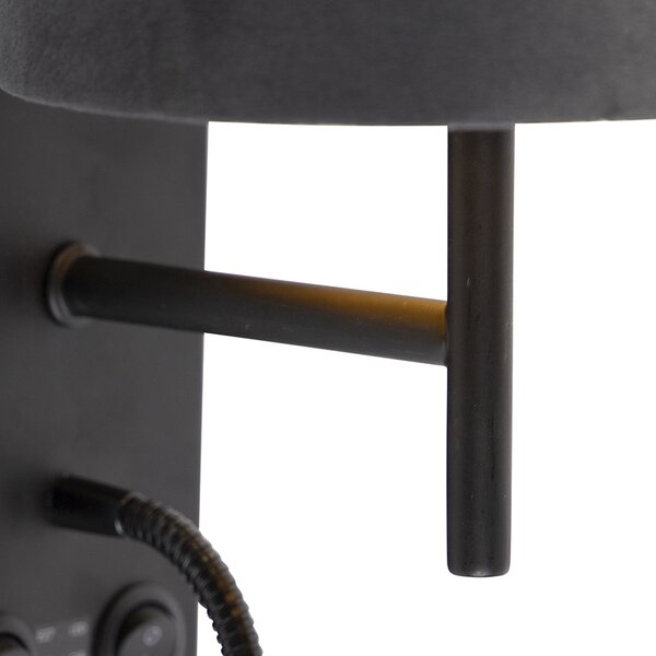 Art Deco nástenná lampa čierna s tmavosivým zamatovým tienidlom - Stacca