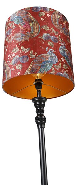Stojaca lampa čierna s červeným tienidlom s pávím vzorom 40 cm - Classico