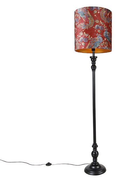 Stojaca lampa čierna s červeným tienidlom s pávím vzorom 40 cm - Classico