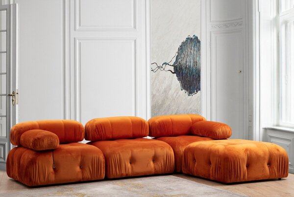 Hanah Home Rohová modulárna sedacia súprava Bubble 288 cm s taburetom zamat oranžová