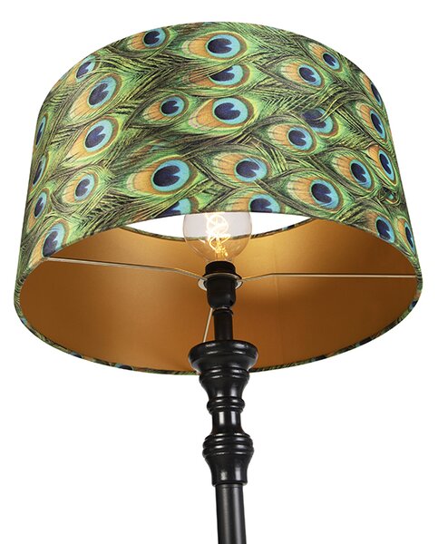 Stojaca lampa čierna s tienidlom z zamatu Peacock Gold 50 cm - Classico