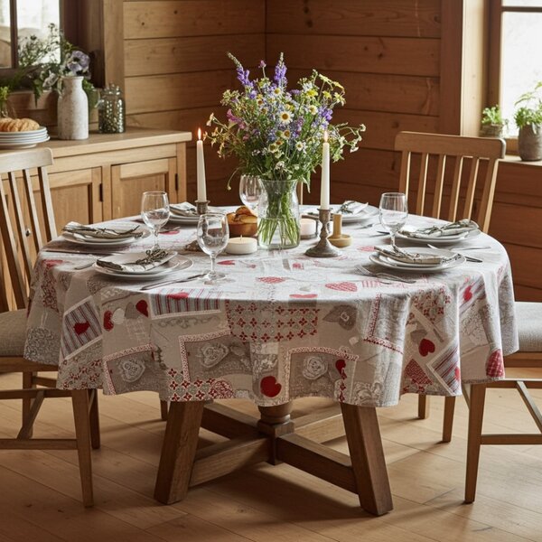 Okrúhly obrus patchwork červené srdiečka Farba Červená Rozmery Kruh Ø 140 cm
