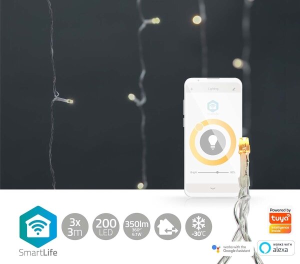 Nedis WIFILXC01W200- LED Vianočný záves 200xLED/8 funkcií 6m IP65 Wi-Fi Tuya teplá biela