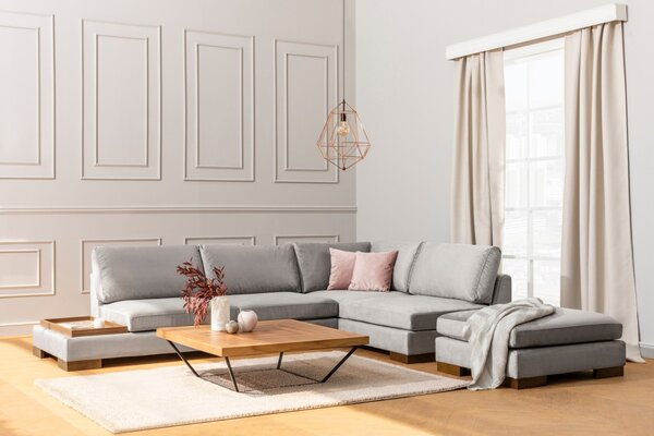 Hanah Home Rohová sedacia súprava Tulip 313 cm s odkladacím stolíkom svetlosivá pravá