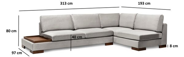 Hanah Home Rohová sedacia súprava Tulip 313 cm s odkladacím stolíkom svetlosivá pravá