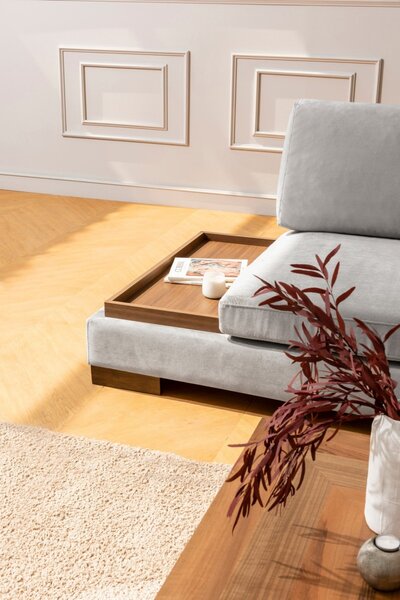 Hanah Home Rohová sedacia súprava Tulip 313 cm s odkladacím stolíkom svetlosivá pravá