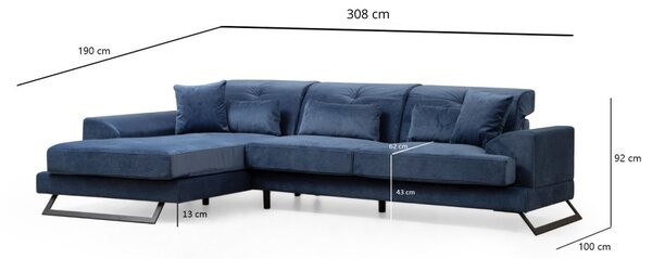 Hanah Home Rohová sedacia súprava Frido 308 cm modrá ľavá