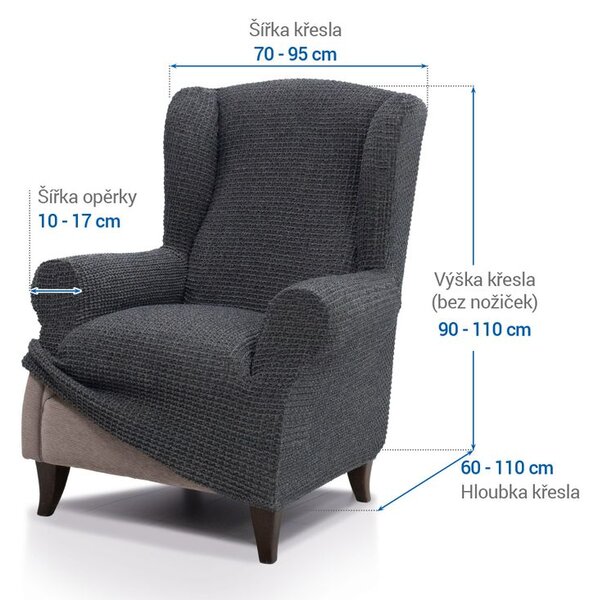 Super strečové poťahy RUBINIA antracitová kreslo ušiak (š. 70 - 95 cm)