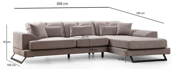 Hanah Home Rohová sedacia súprava Frido 308 cm svetlosivá pravá